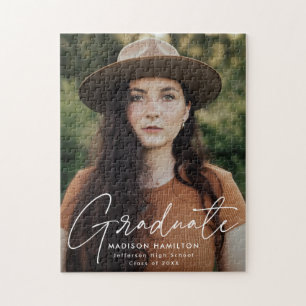 Modern Graduate White Script Photo Graduation Jigsaw Puzzle