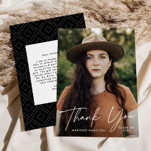 Modern Graduate White Script Photo Graduation Thank You Card