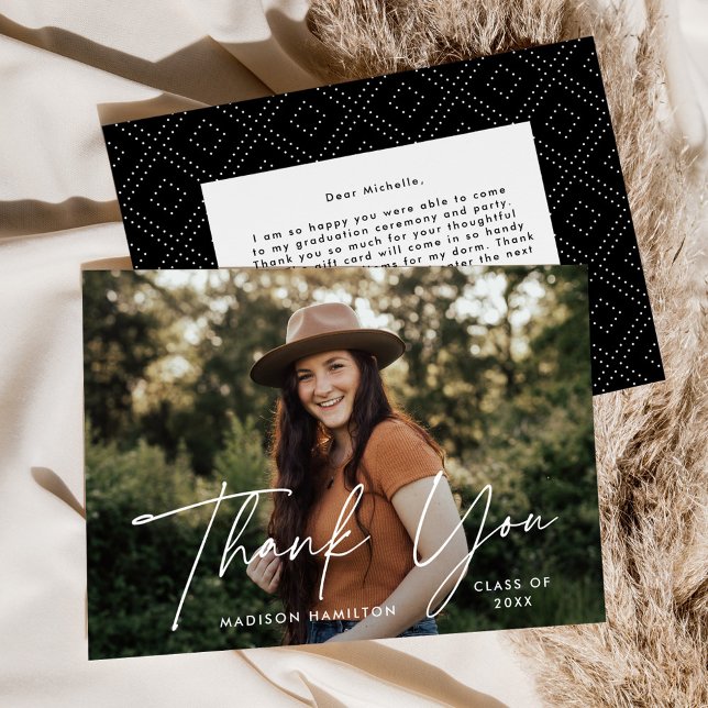 Modern Graduate White Script Photo Graduation Thank You Card (Creator Uploaded)