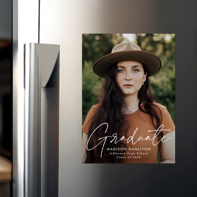 Modern Graduate White Script Photo Magnetic Invitation (Creator Uploaded)