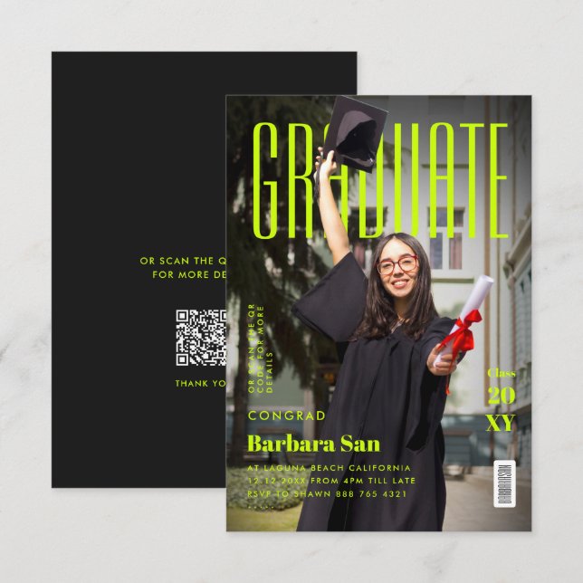 Modern Graduate Yellow Grad Graduation  Invitation (Front/Back)