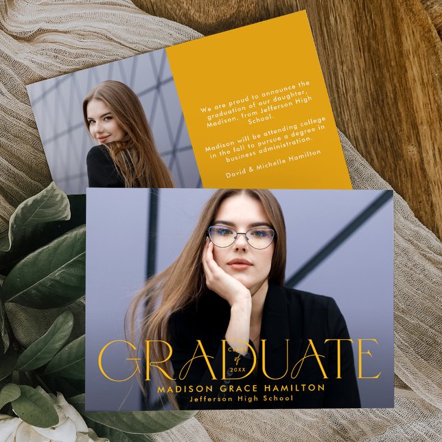 Modern Graduate Yellow Typography Photo Graduation Announcement (Creator Uploaded)