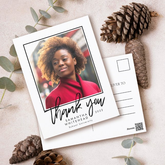 Modern Graduation 2022 Photo White Thank You Postcard (Modern postcard chalk style script with photo perfect for a graduate to thank everyone.)