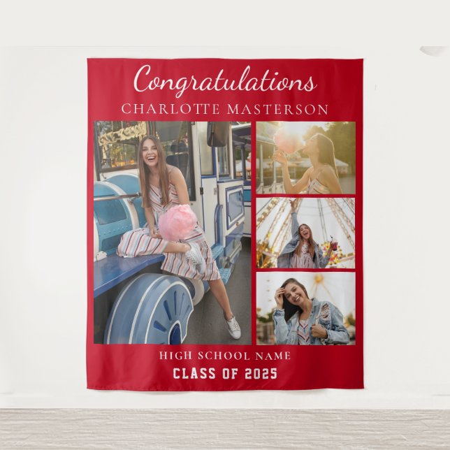 Modern Graduation 2025 Photo Collage Red Backdrop Tapestry (Front)