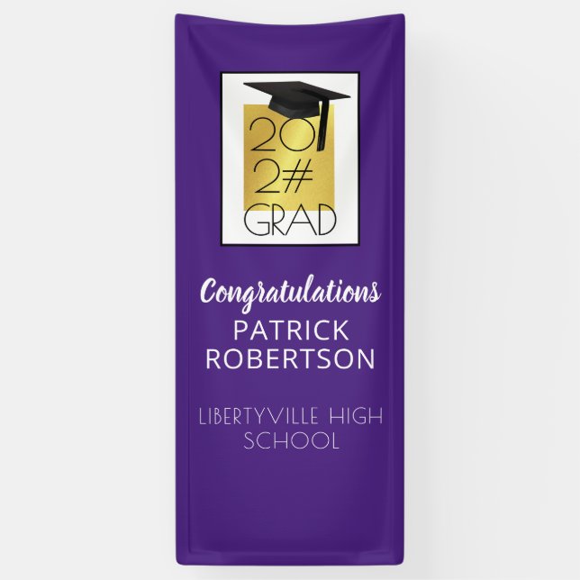 Modern Graduation 20XX GRAD Purple and Gold Door Banner (Vertical)