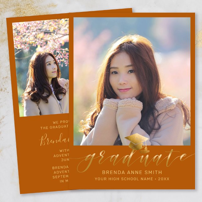 Modern Graduation 2 Photo Gold Script Cap Orange Announcement (Modern Two Photo Gold Script on Orange Graduation Announcement)