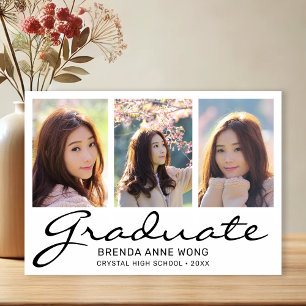Modern Graduation 3 Photo Collage Black Script Announcement Postcard