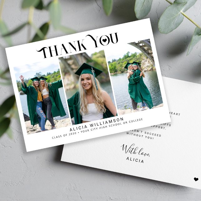 Modern graduation 3 photo collage thank you card (Creator Uploaded)