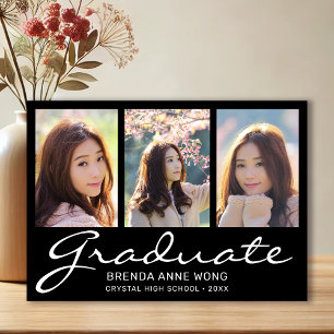 Modern Graduation 3 Photo Collage White Script Announcement Postcard