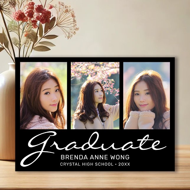 Modern Graduation 3 Photo Collage White Script Announcement Postcard (Modern 3 Photo Black with White Script Graduation Announcement)