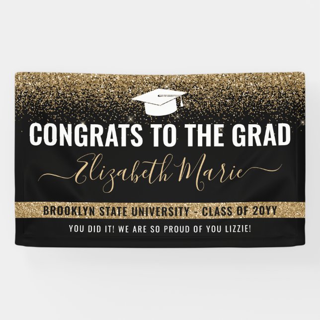 Modern Graduation Black Gold Glitter Class of 2021 Banner (Horizontal)