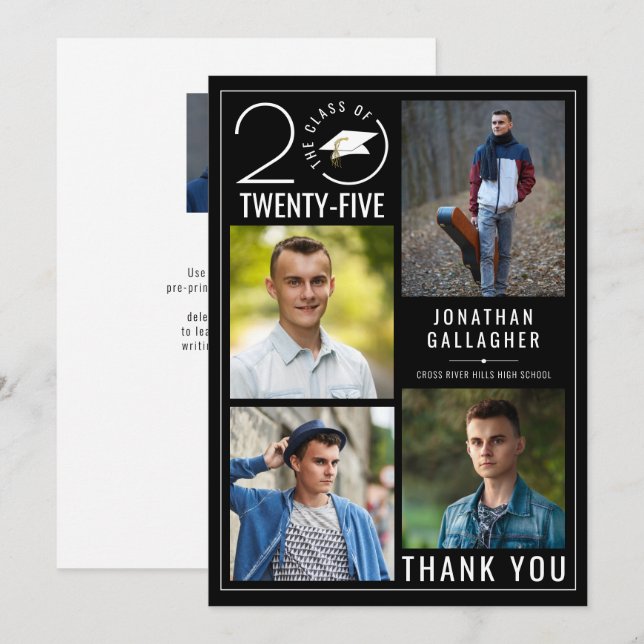 Modern Graduation Black White 5 Photo Collage Thank You Card (Front/Back)
