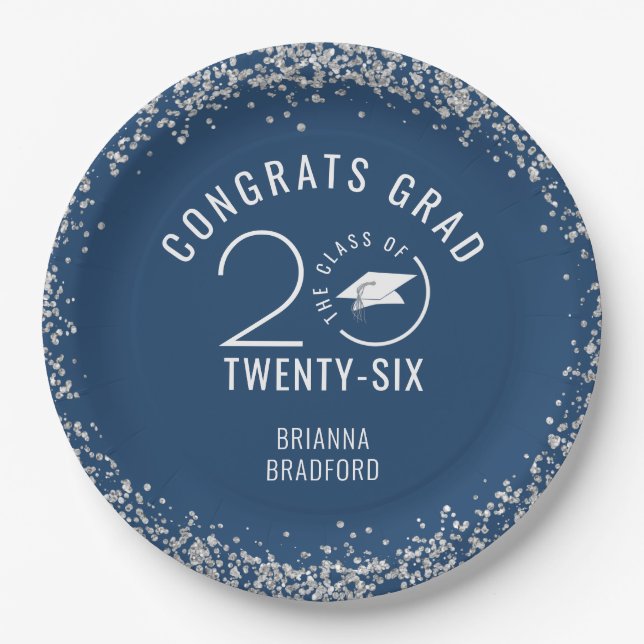 Modern Graduation Blue Faux Silver Glitter Paper Plate (Front)