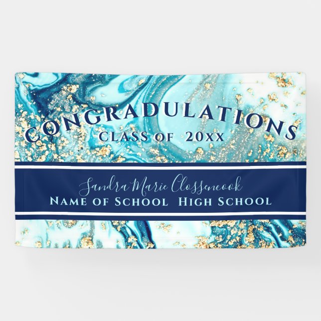 Modern Graduation Blue Marble Swirl Gold Glitter B Banner (Horizontal)