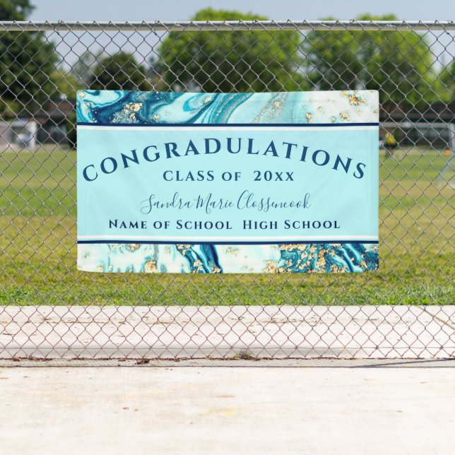 Modern Graduation Blue Marble Swirl Gold Glitter B Banner (Insitu)