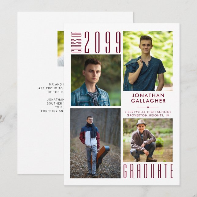 Modern Graduation Burgundy Maroon 5 Photo  Announcement (Front/Back)