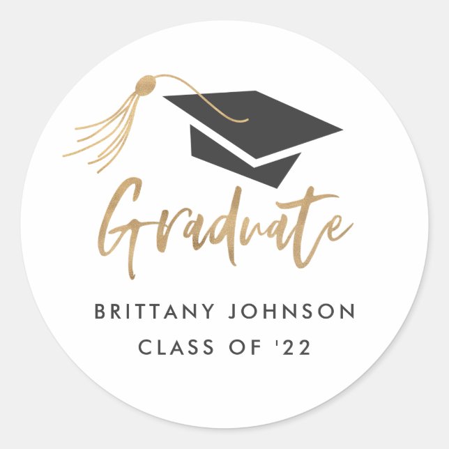 Modern Graduation Cap and Tassel Gold Foil Classic Round Sticker (Front)
