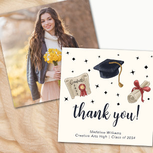 Modern Graduation Cap Diploma Photo Thank You Card
