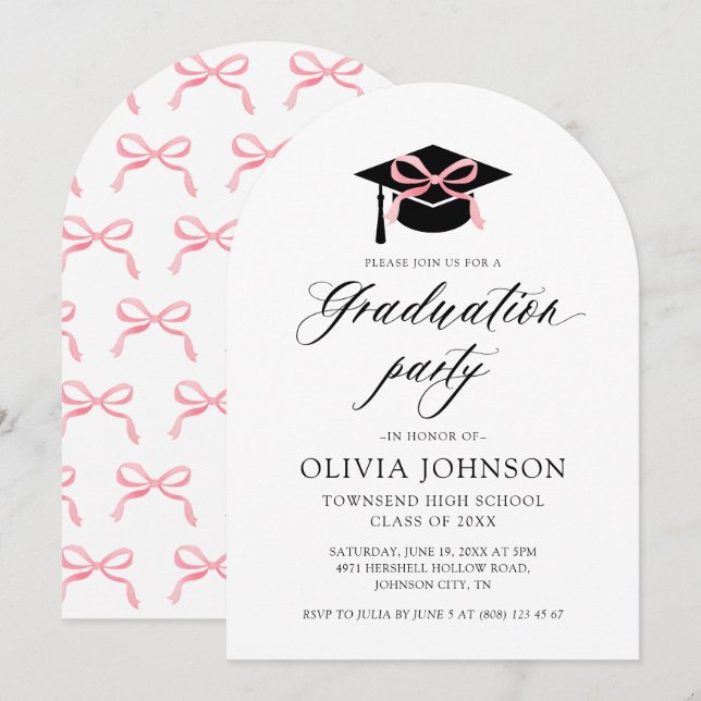 Modern Graduation Cap Pink Bow Graduation Arched Invitation (Front/Back)