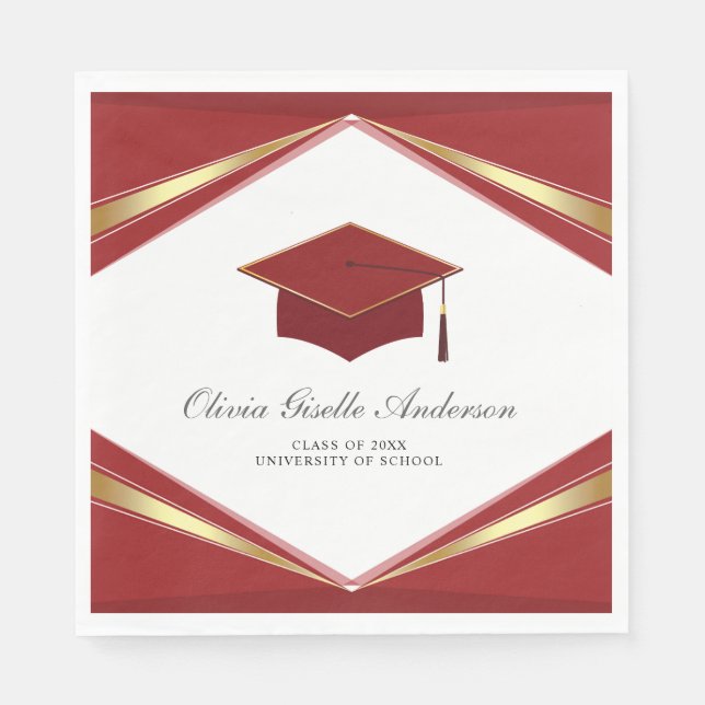 Modern Graduation Cap Red & Gold Party Napkin (Front)