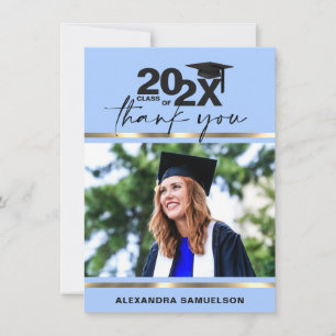 Modern Graduation Cap Year Gold Light Blue   PHOTO Thank You Card