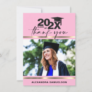 Modern Graduation Cap Year Gold Pink Rose   PHOTO Thank You Card