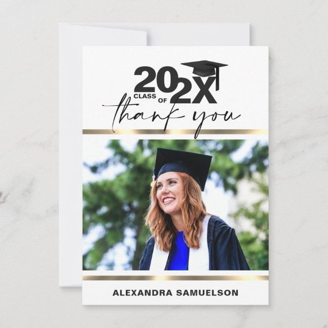 Modern Graduation Cap Year Gold White | PHOTO Thank You Card (Front)