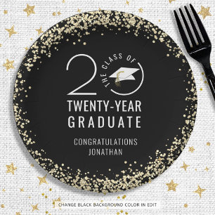 Modern Graduation Class Year Black Gold Confetti Paper Plate