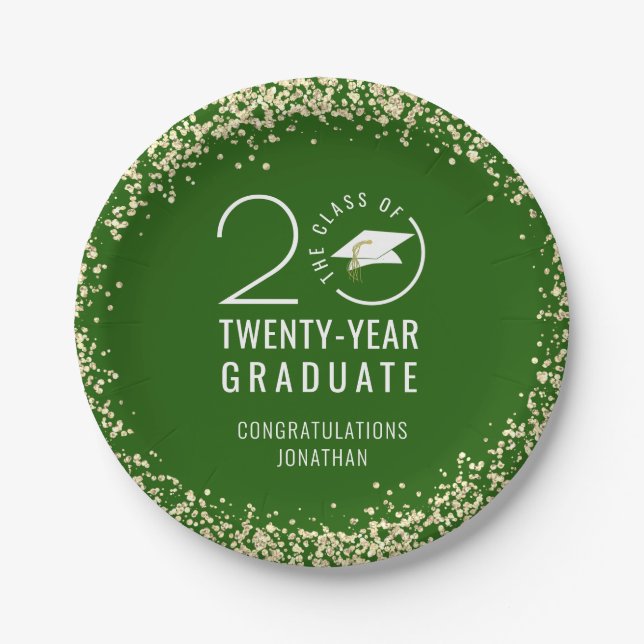Modern Graduation Class Year Green Gold Confetti  Paper Plate (Front)