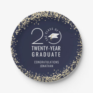 Modern Graduation Class Year Navy Blue Gold Paper Plate