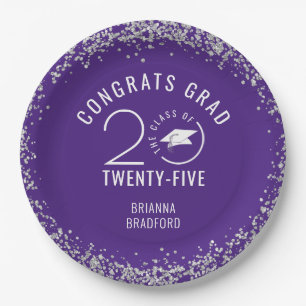 Modern Graduation Class Year Purple Silver Glitter Paper Plate