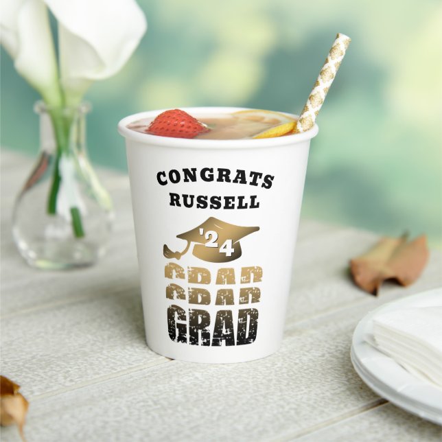 Modern Graduation Congrats Grad Name Black Gold Paper Cups (Insitu)