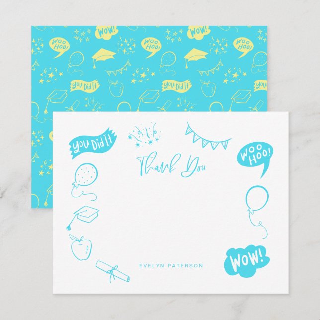 Modern Graduation Doodle Blue Lime Thank You Card (Front/Back)