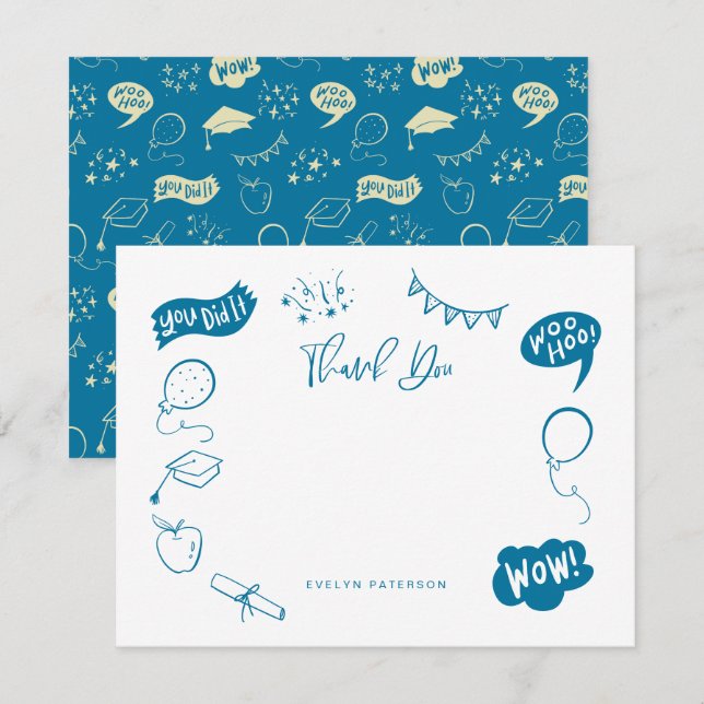 Modern Graduation Doodle Blue Thank You Card (Front/Back)