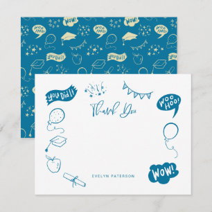 Modern Graduation Doodle Blue Thank You Card