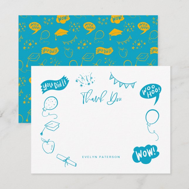 Modern Graduation Doodle Blue Yellow Thank You Card (Front/Back)