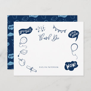 Modern Graduation Doodle Navy Blue Thank You Card