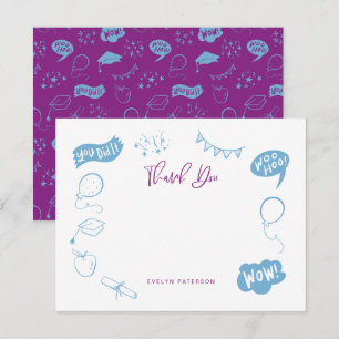 Modern Graduation Doodle Purple Blue Thank You Card