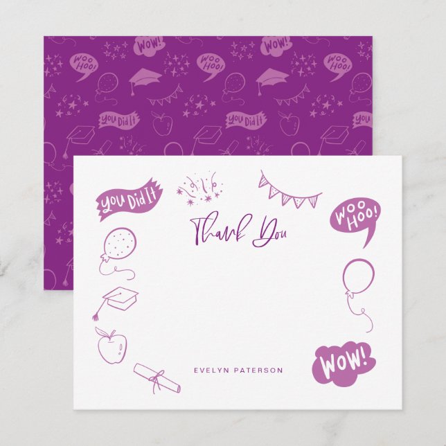 Modern Graduation Doodle Purple Thank You Card (Front/Back)