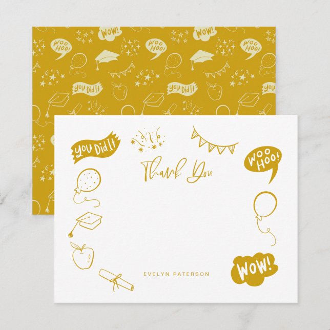 Modern Graduation Doodle Yellow Thank You Card (Front/Back)