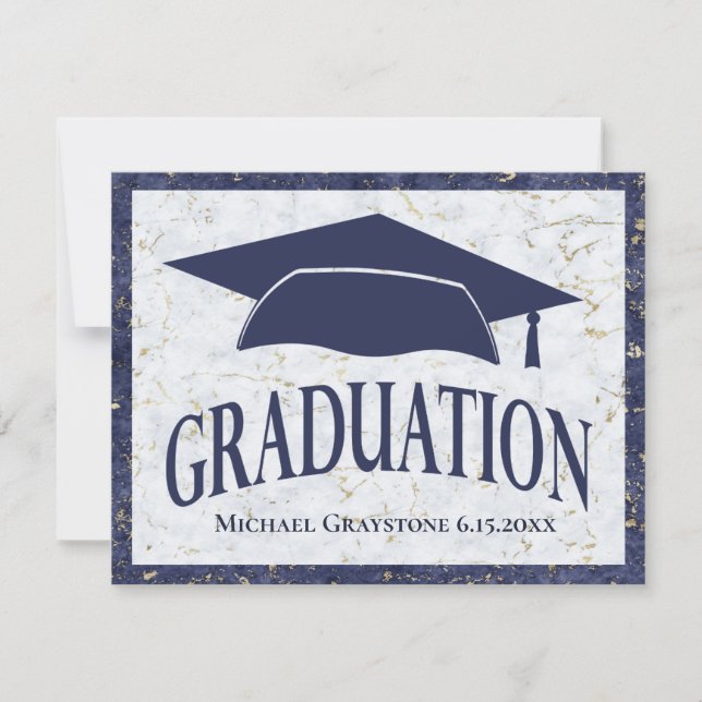 Modern Graduation Elegant Marble Blue White Photo Announcement (Front)