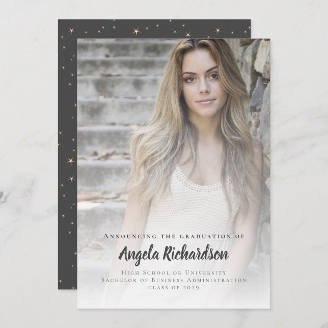 Modern Graduation Elegant Script Typography Photo Announcement (Front/Back)
