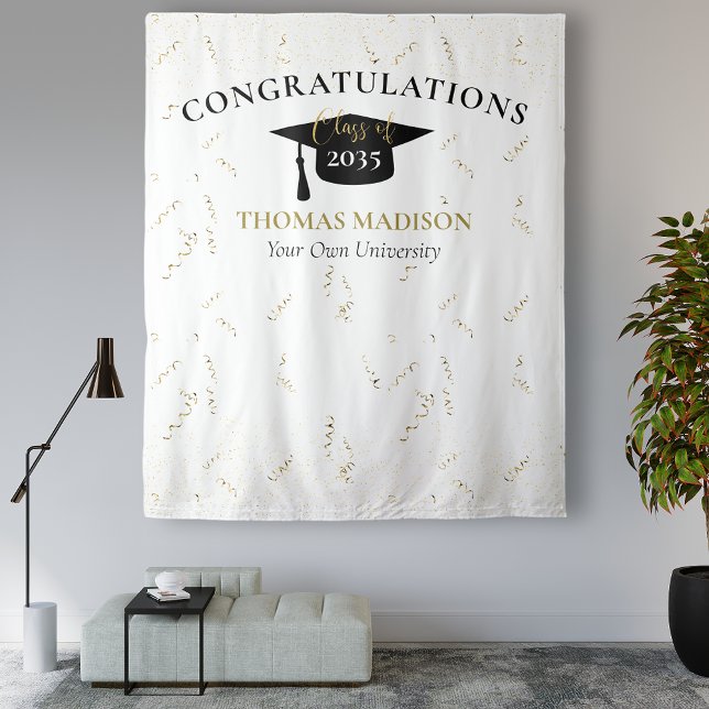 Modern Graduation Faux Streamers Black Backdrop Tapestry (Creator Uploaded)