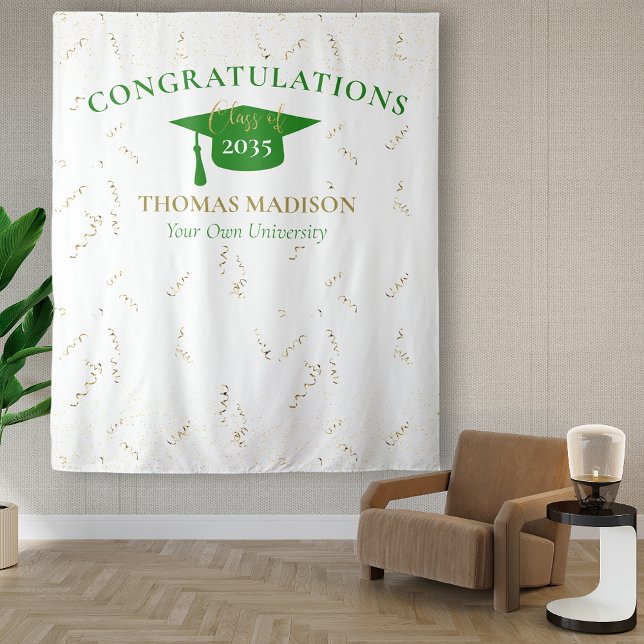 Modern Graduation Faux Streamers Green Backdrop Tapestry (Creator Uploaded)
