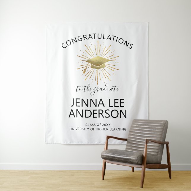 Modern Graduation Gold Cap with Starburst Tapestry (In Situ)