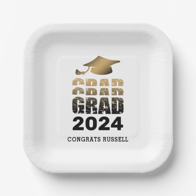 Modern Graduation GRAD Year Black Gold Paper Plate (Front)