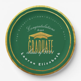 Modern Graduation Green Gold Faux Foil Paper Plate