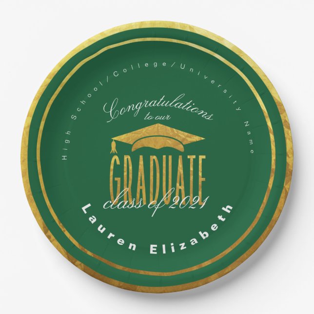 Modern Graduation Green Gold Faux Foil Paper Plate (Front)