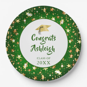 Modern Graduation Green Gold Stars Hand Lettered Paper Plate