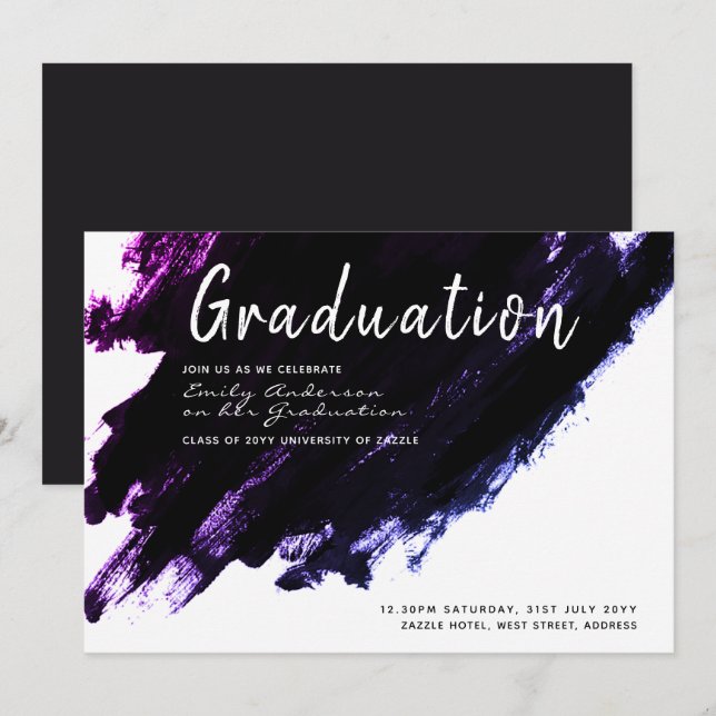 Modern Graduation Invites - Paint black purple (Front/Back)